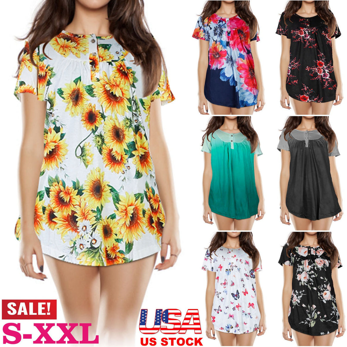 Women Summer Shirts Tops Loose Short Sleeve T Shirts Casual Floral Printed Button Shirts Blouse S-XXL