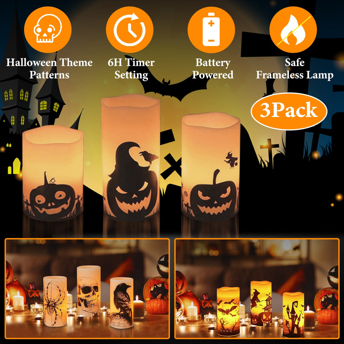 Flameless Halloween Candles with Timer - 3 Pack LED Battery Operated
