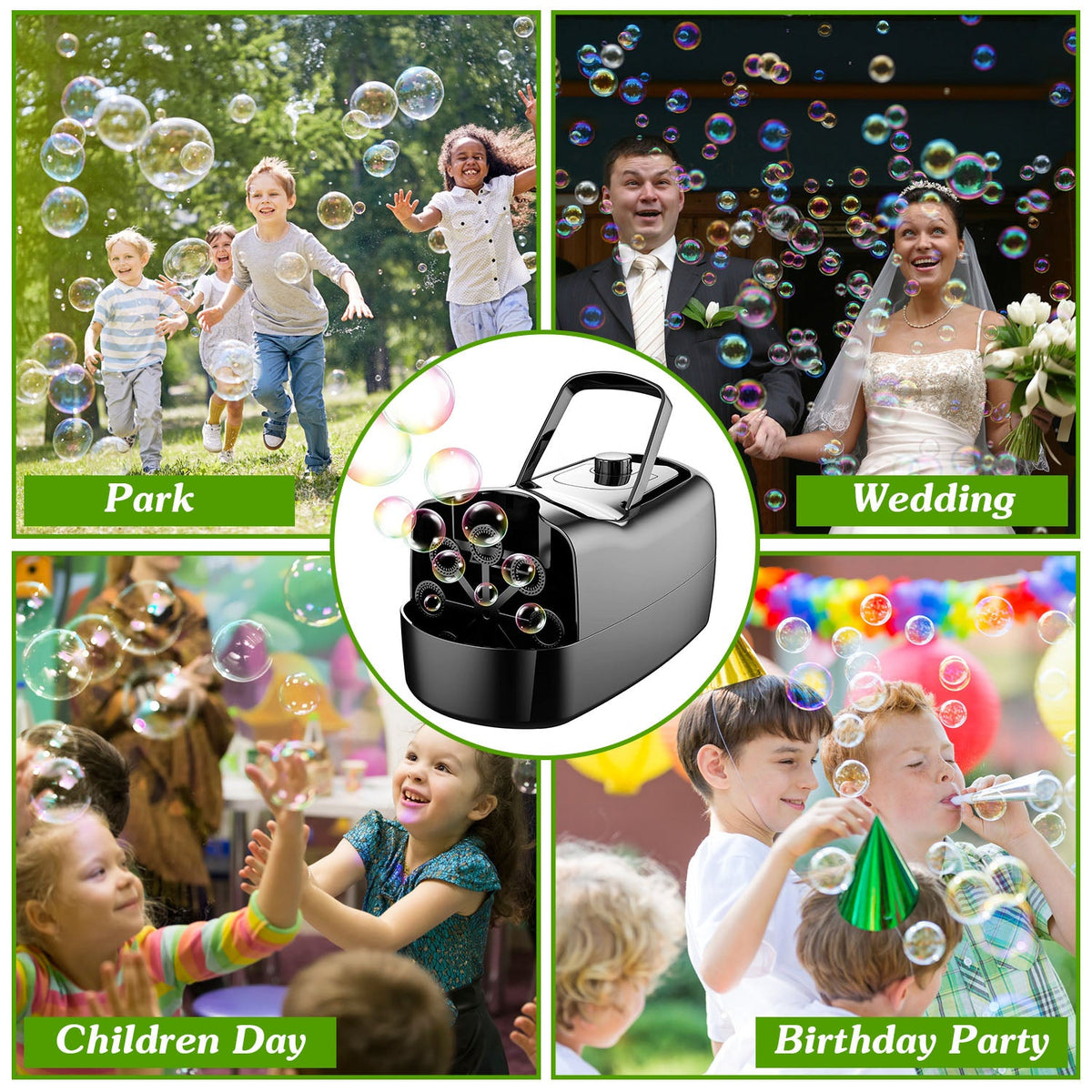 Bubble Maker Automatic Bubble Blower Portable Bubble Blowing Machine with 2 Speeds Handle 3000-4000 Bubbles Per Minute Plug-In Battery Powered
