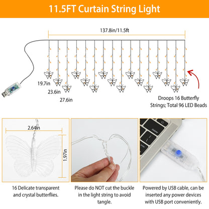 Butterfly Curtain String Lights with Remote - 96 LED, 11.5ft