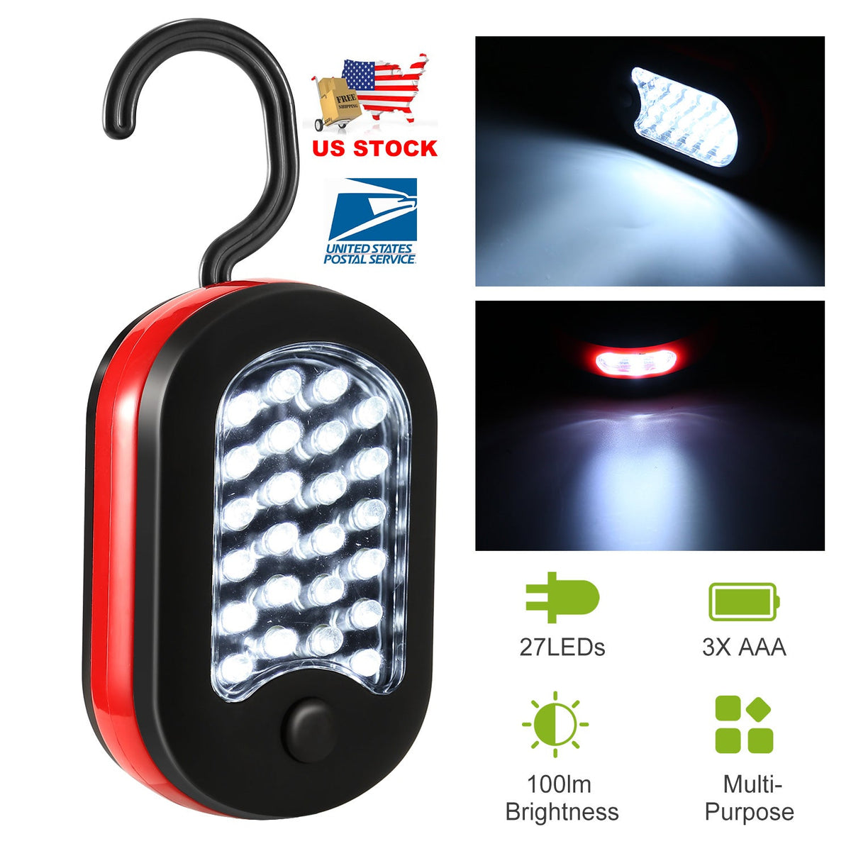 Compact Work Light 27LEDs Hang Lights Portable Magnetic Flashlight with Hook for Camping Hiking Emergency