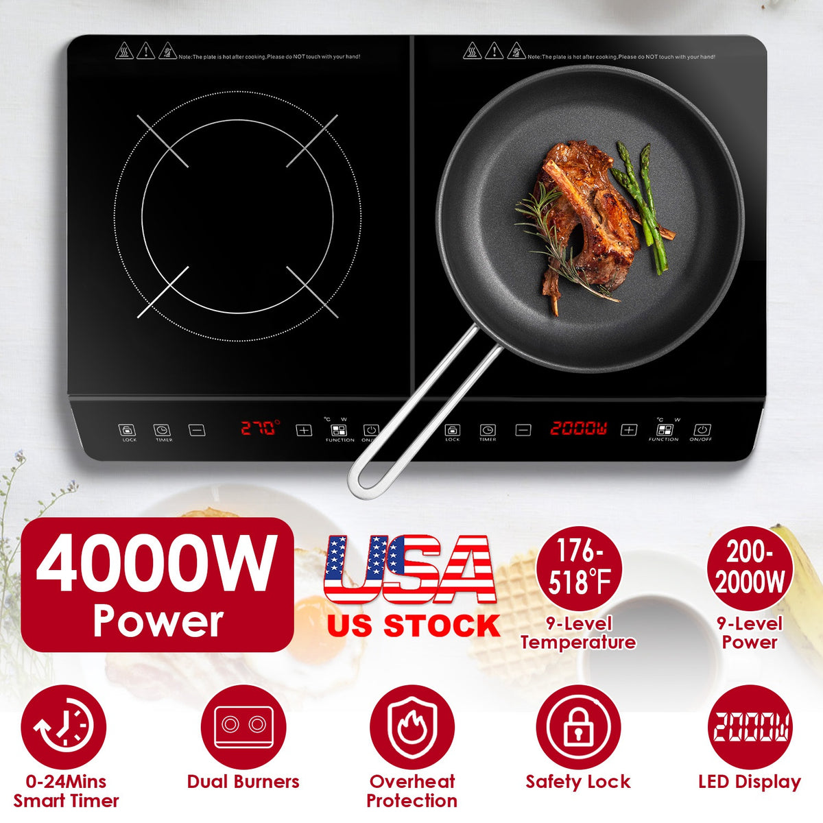 Dual Induction Cooktop 4000W Portable Electric Double Burner