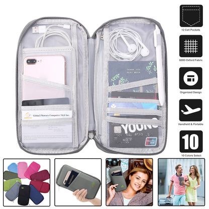 Travel Passport Wallet 12Cells Ticket ID Credit Card Holder Water Repellent Documents Phone Organizer Zipper Case Business Trip Daily Use