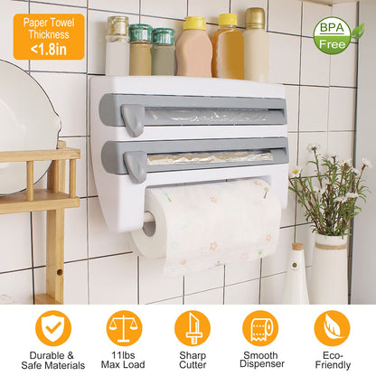 Kitchen Roll Dispenser Paper Roll Holder Plastic Wrap Film Foil Paper Organizer w/ Cutter Wall Mounted for Kitchen Bathr