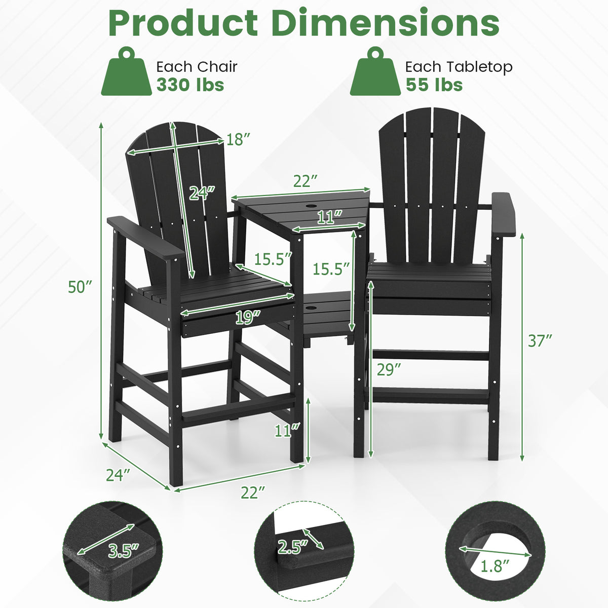 2-Seat Adirondack Chair with Double Connecting Tray