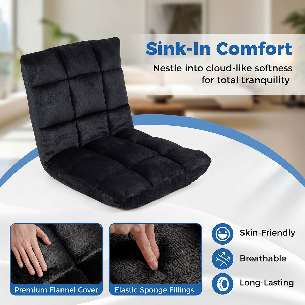 Adjustable 14-Position Floor Chair with Soft Flannel Cover and Heavy Duty Metal Support for Adults