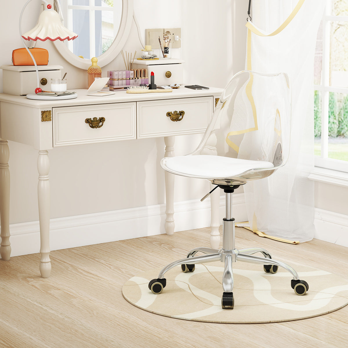 Clear Armless Rolling Office Chair with Adjustable Height