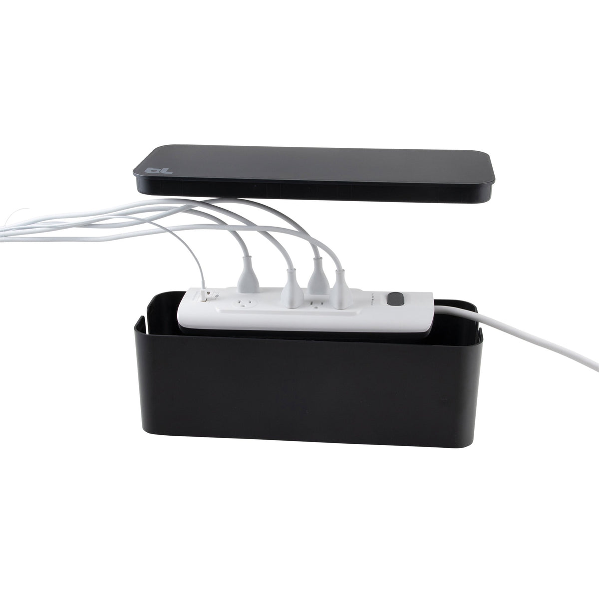 Bluelounge CableBox Cable Organizer & Surge Protector Box, 16 in. - Black - lid open with power strip