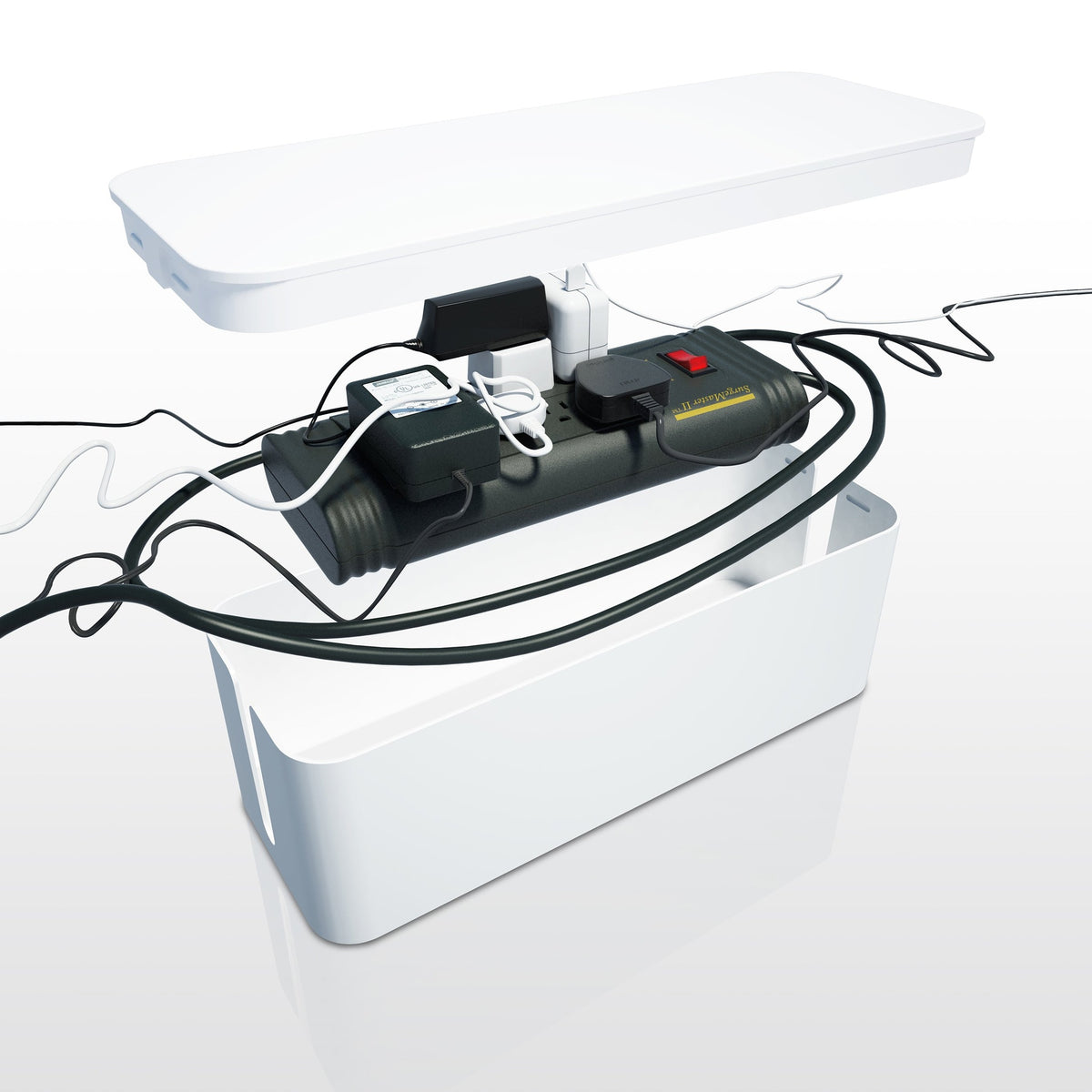 Bluelounge CableBox Cable Organizer & Surge Protector Box, 16 in. - White - angled view