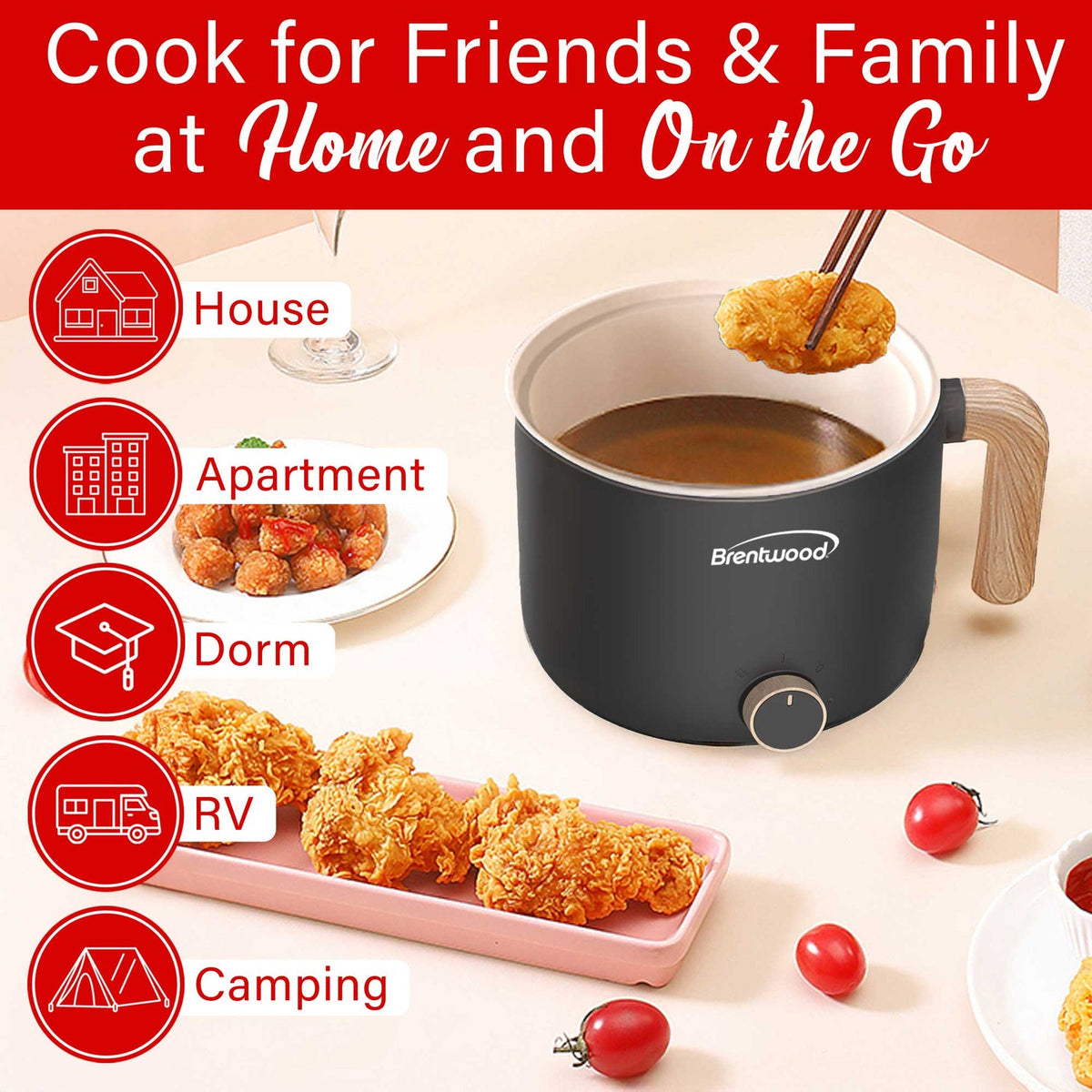 Brentwood 1.6 Qt. 600W Electric Hot Pot Cooker with Ceramic Nonstick, Black - view 7