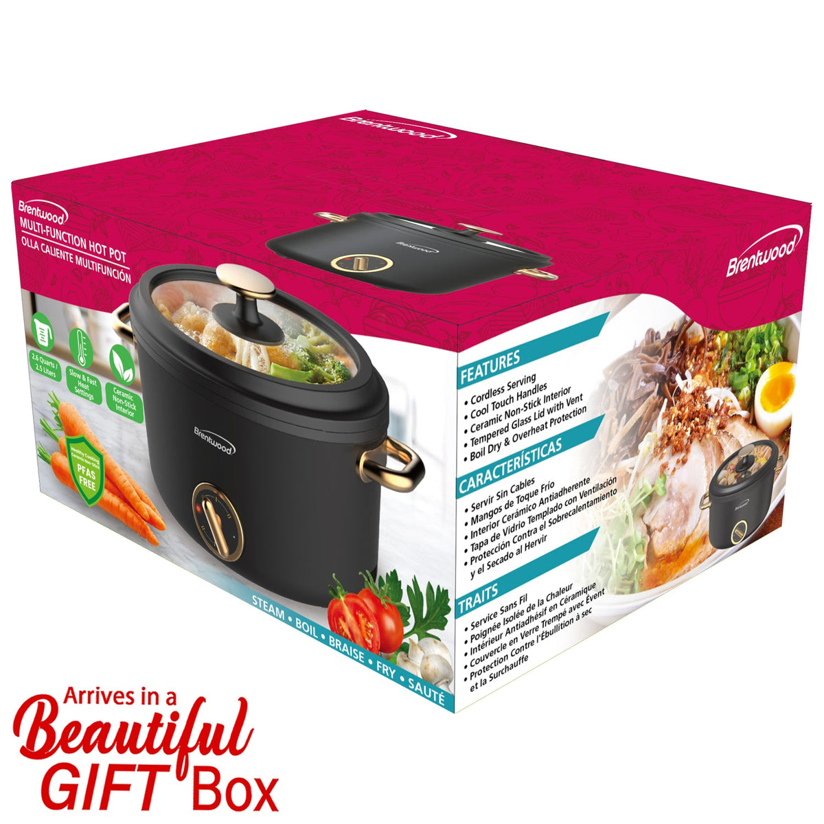 Brentwood 2.6 Qt. 700W Electric Hot Pot with Ceramic Nonstick and Steamer, Black - view 8