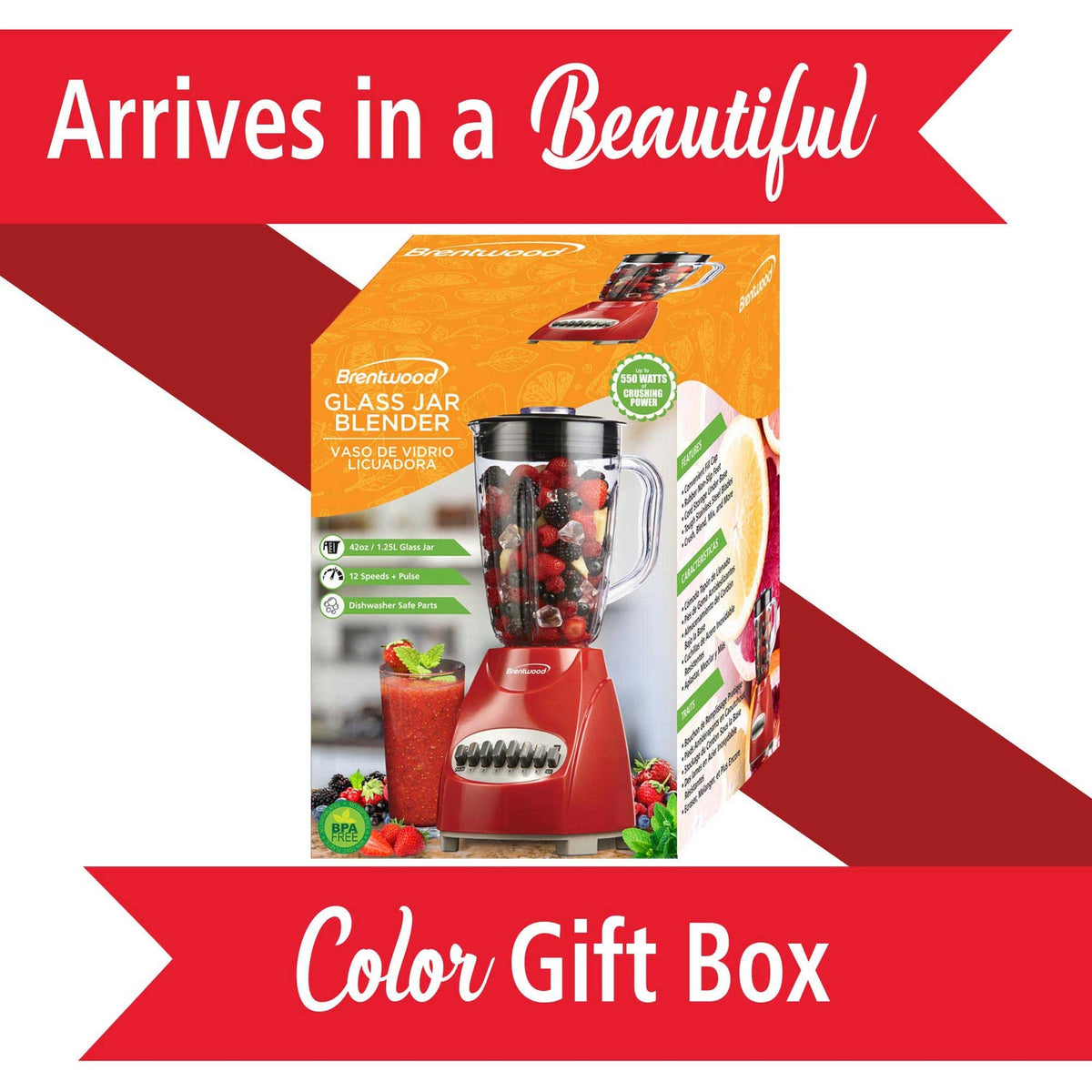Brentwood 42 Oz. 12-Speed 350W Blender with Glass Jar - Red - view 8