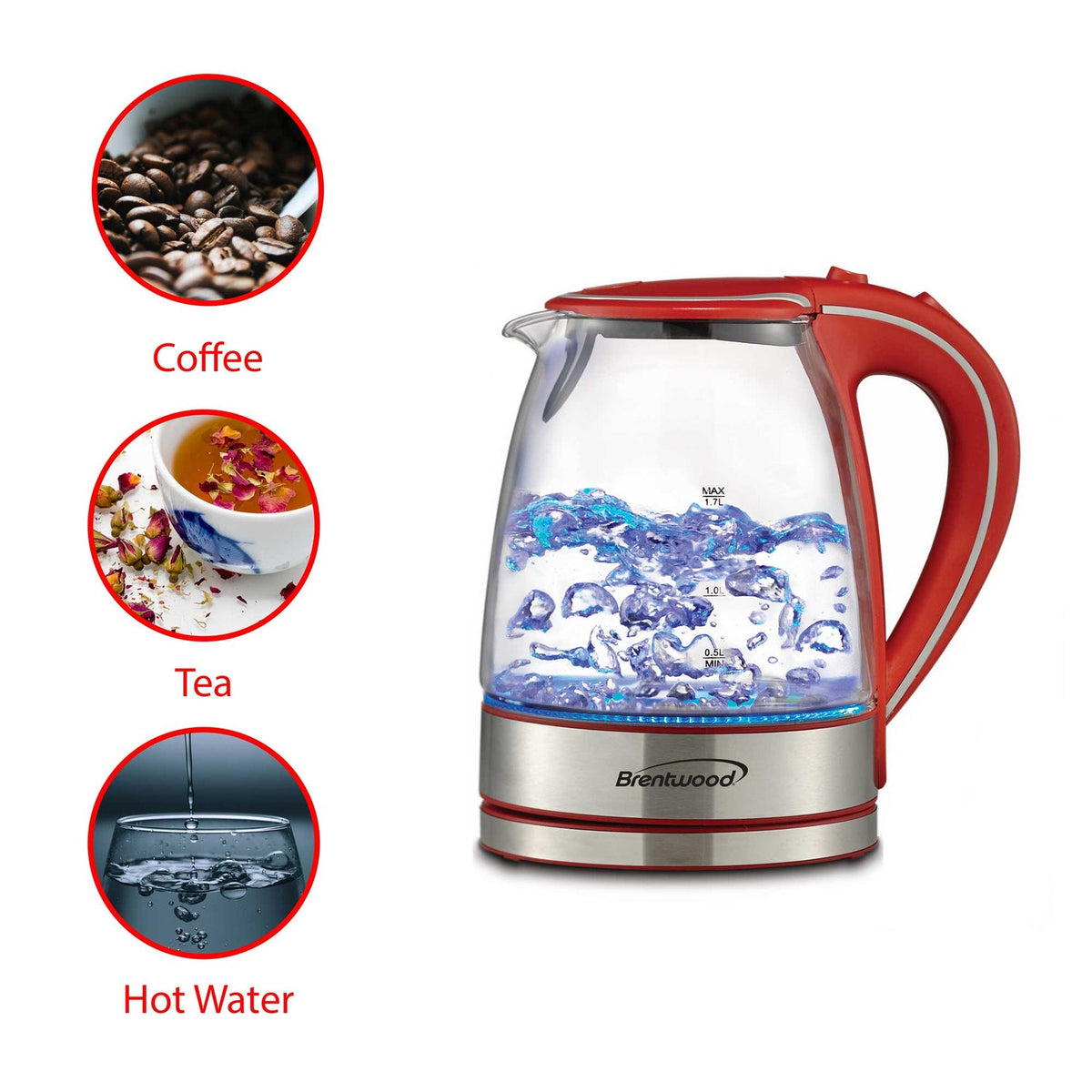 Brentwood 7-Cup 1,100W Cordless Glass Electric Kettle, Red - view 6