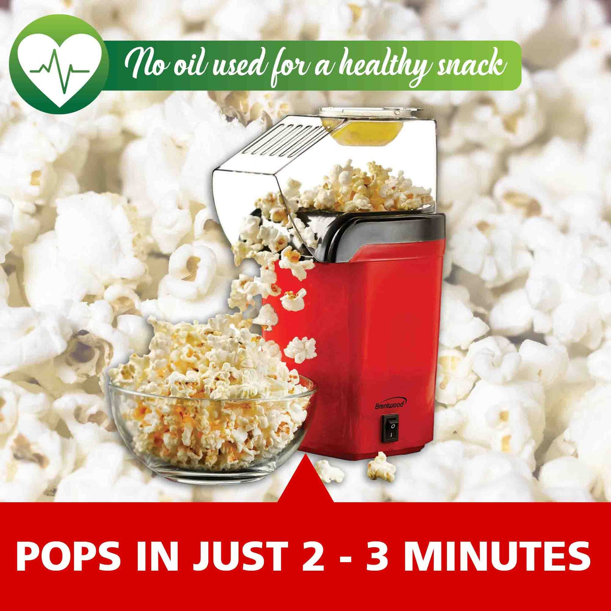 Brentwood 8-Cup 1,200W Hot Air Popcorn Maker, Red - view 5