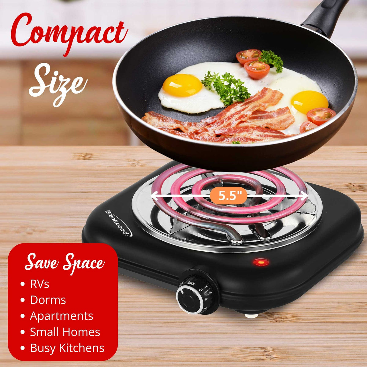 Brentwood 1,100W Single Coil Countertop Electric Burner, Black - view 5