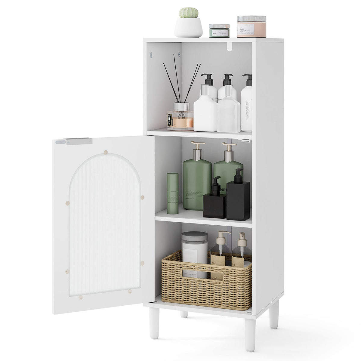 Bathroom Floor Cabinet Wood Side Storage Organizer with Adjustable Shelf-White