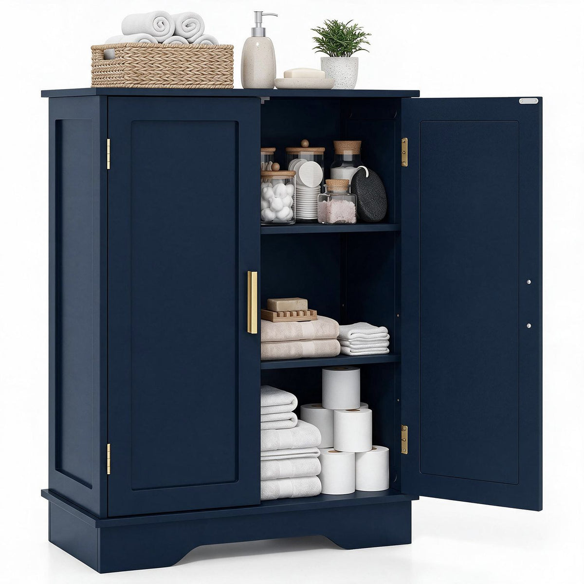 Bathroom Floor Storage Cabinet with 2 Doors and Adjustable Shelves-Blue