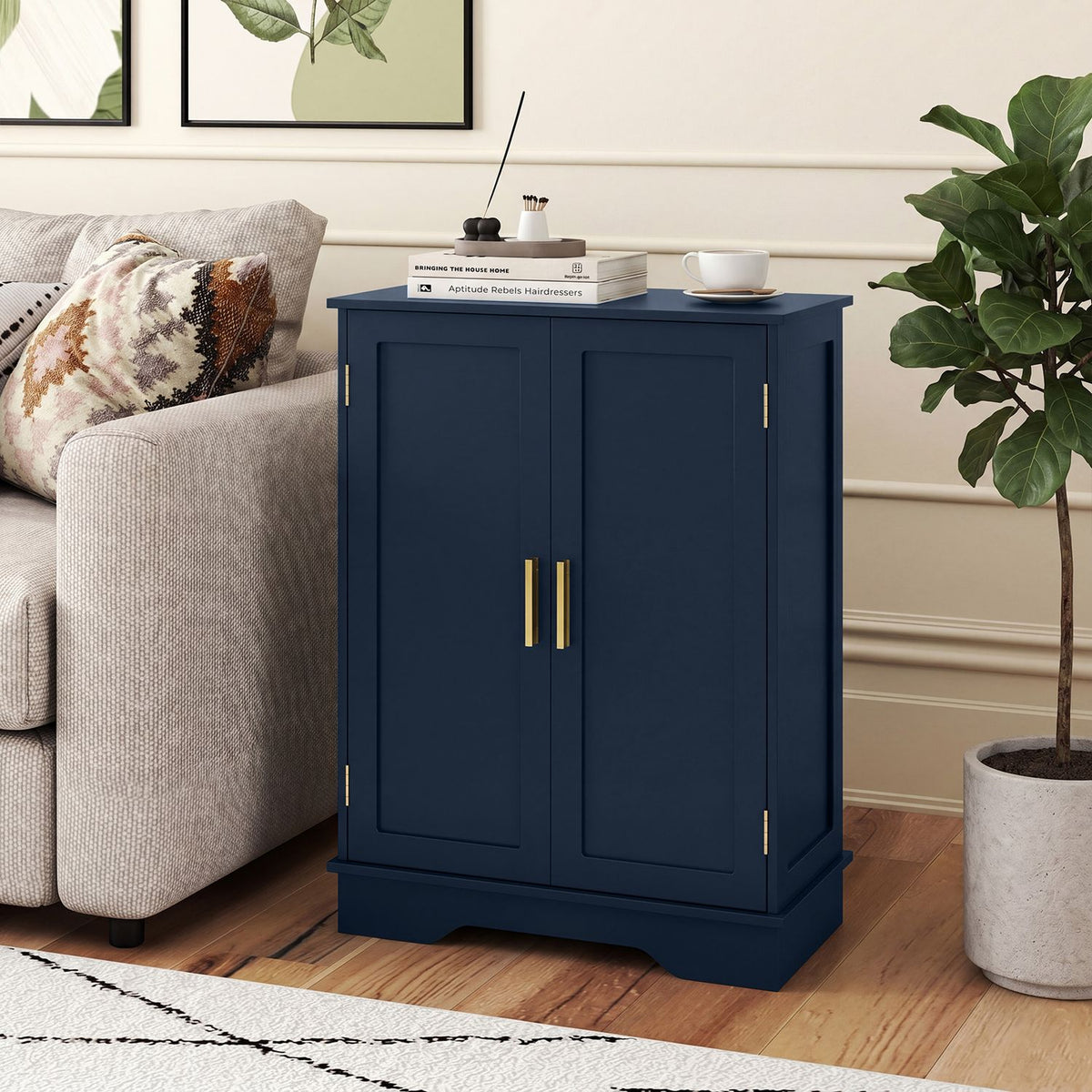 Bathroom Floor Storage Cabinet with 2 Doors and Adjustable Shelves-Blue