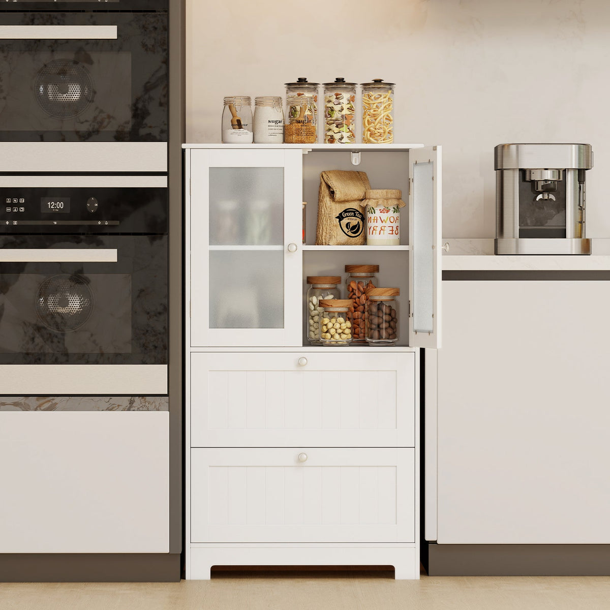 Bathroom Floor Storage Cabinet Freestanding Cupboard Pantry with 2 Drawers and 2 Frosted Glass Doors-White