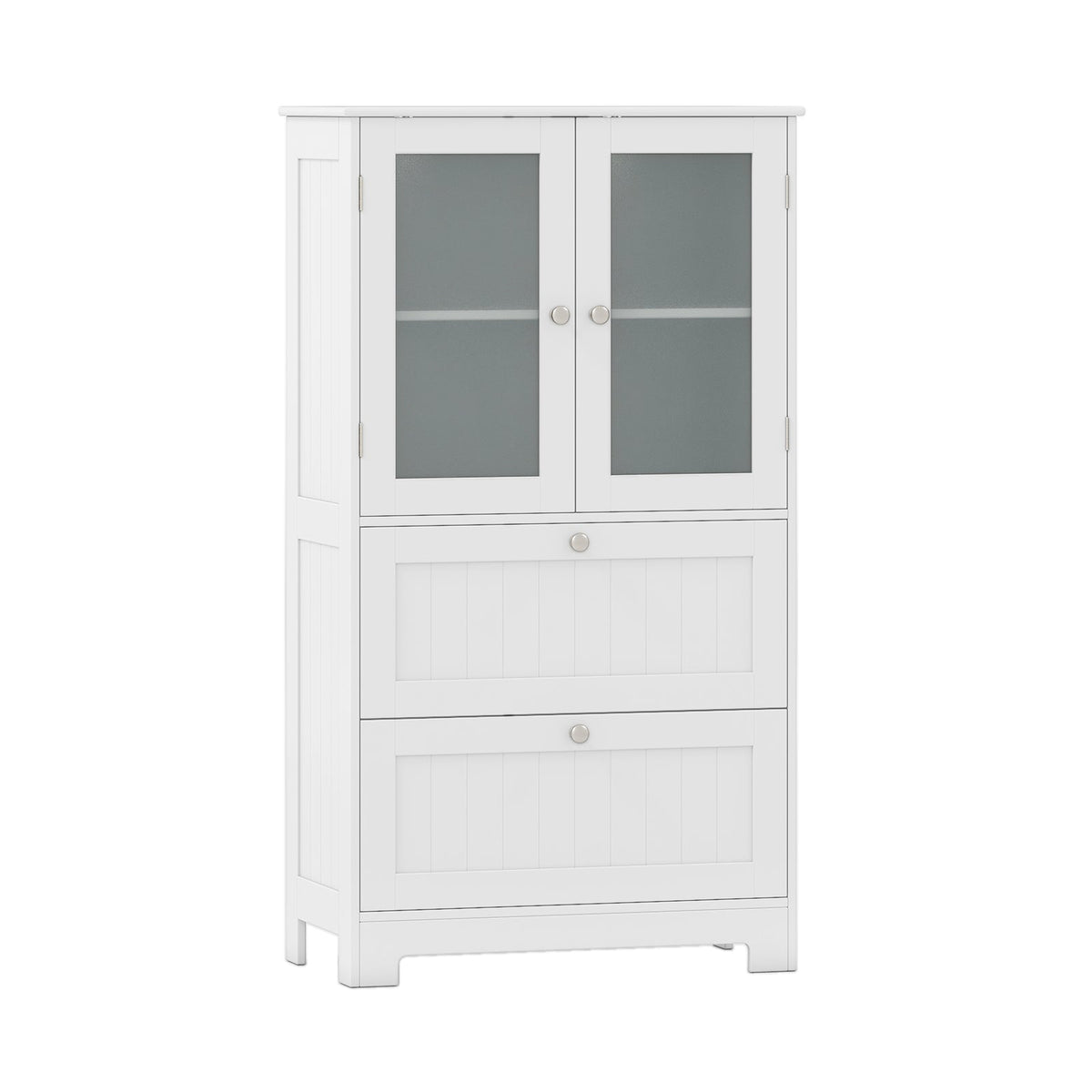 Bathroom Floor Storage Cabinet Freestanding Cupboard Pantry with 2 Drawers and 2 Frosted Glass Doors-White