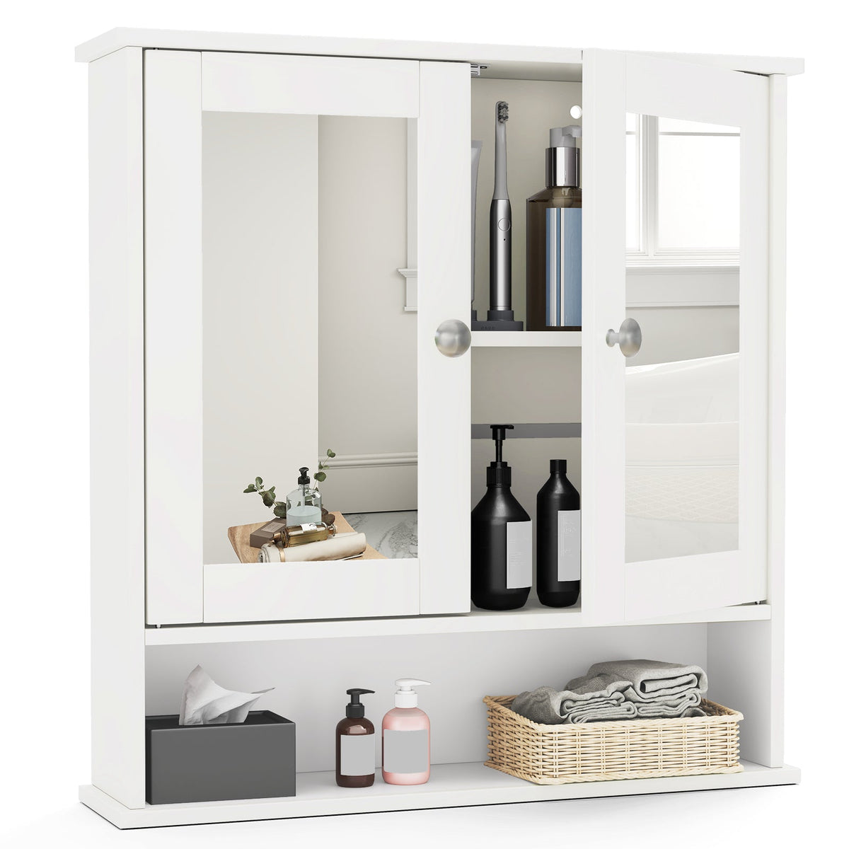 Double Door Wall-Mounted Bathroom Mirror Cabinet with Storage Shelf