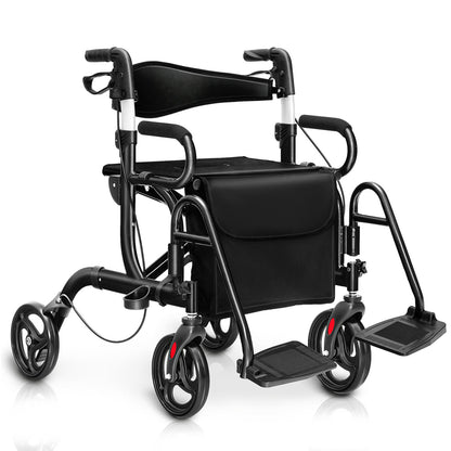 Folding Rollator Walker with 8-inch Wheels and Seat-Black