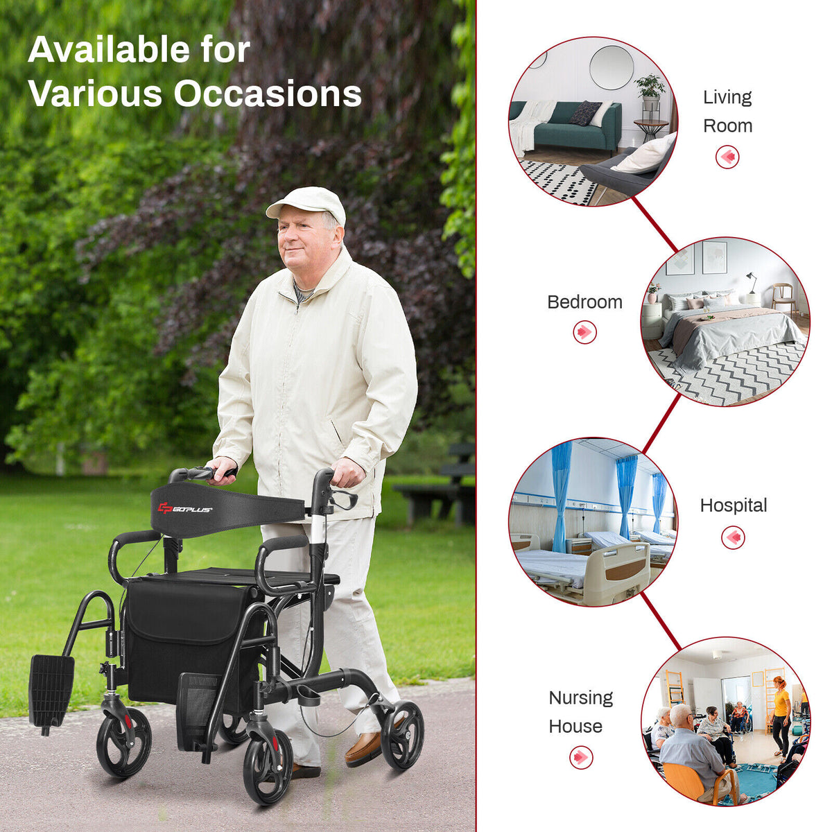 Folding Rollator Walker with 8-inch Wheels and Seat-Black