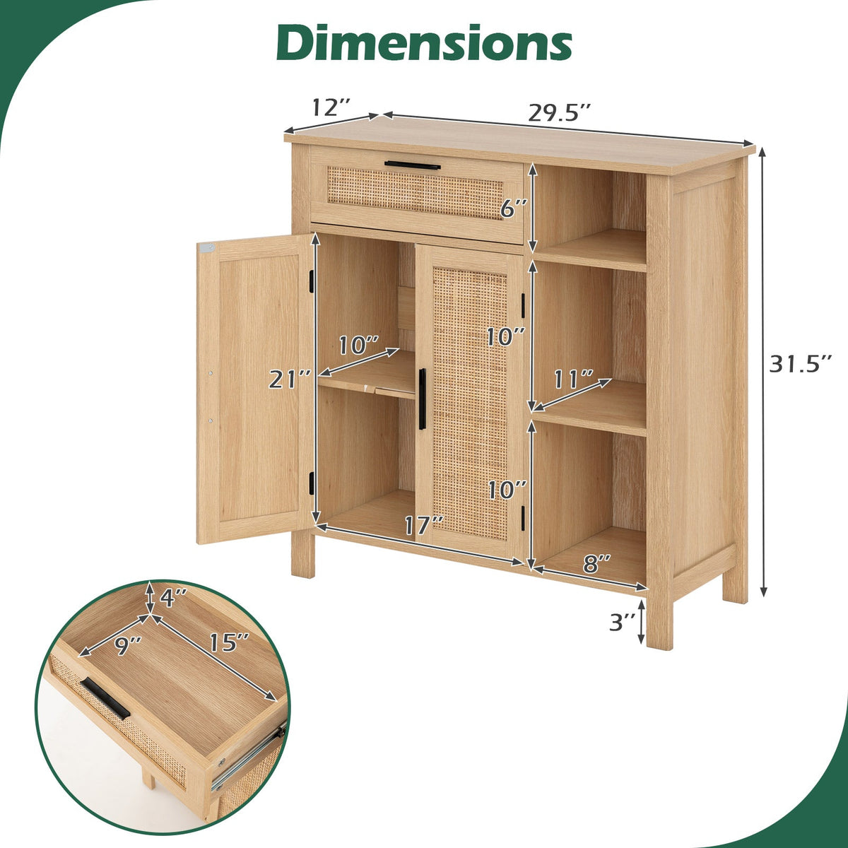 Boho Buffet Sideboard Storage Cabinet with Drawer and Rattan Woven Doors-Natural