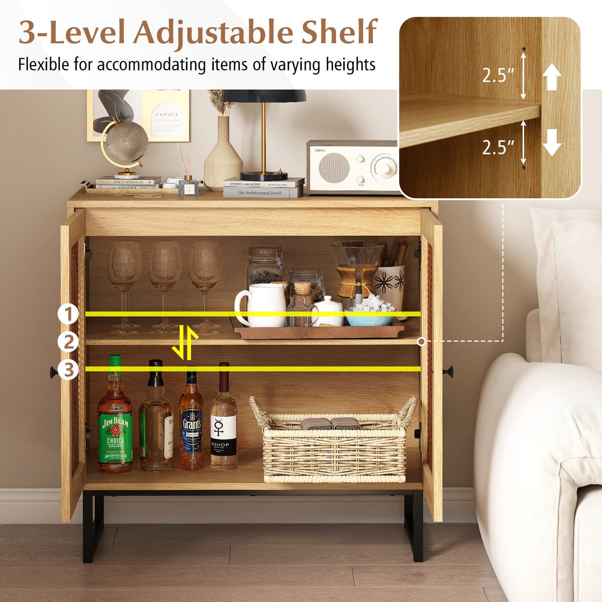 Buffet Cabinet Rattan Storage Cabinet with 2 Doors and Adjustable Shelf