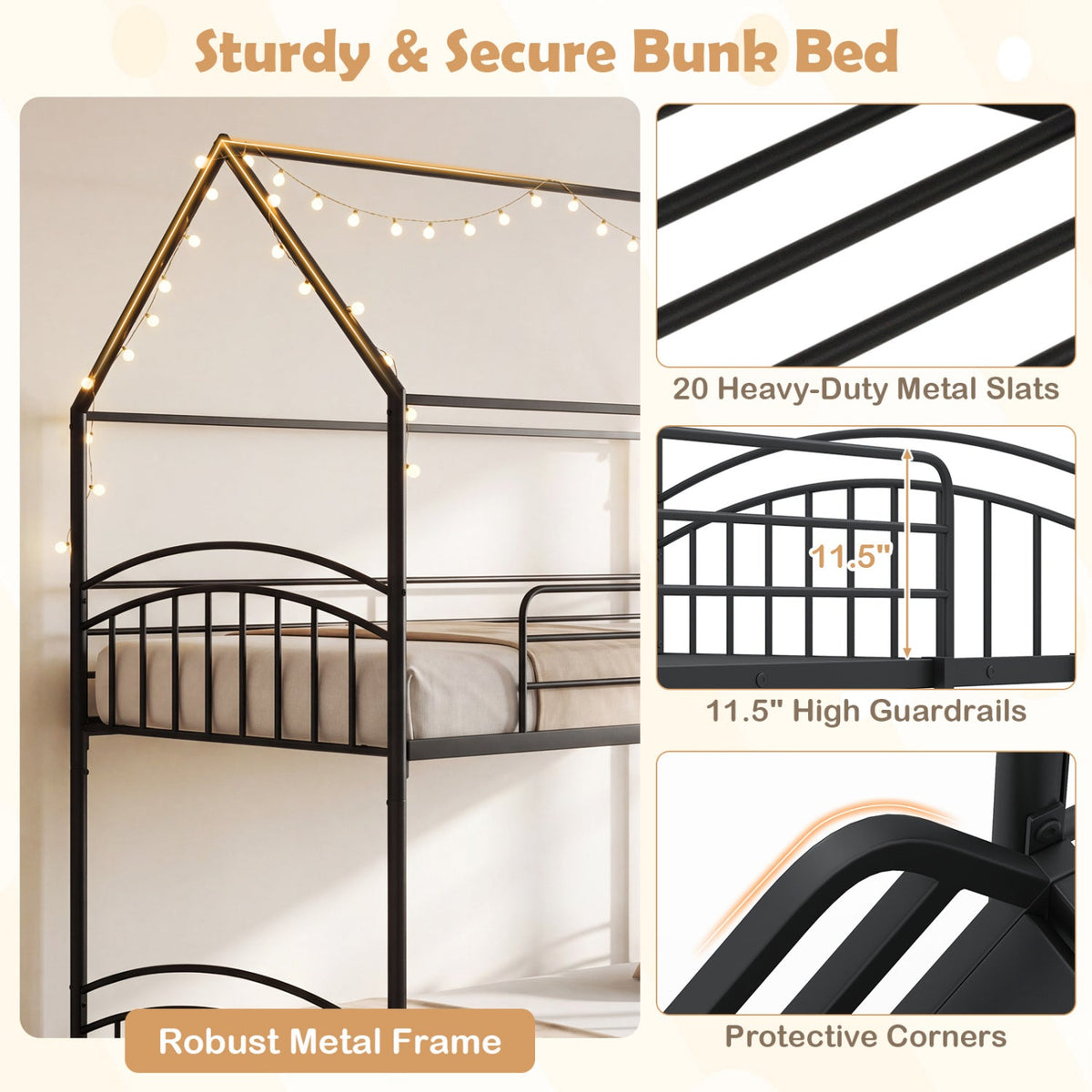 Bunk Bed Twin Over Twin House Bunk Bed Frame with Metal Slats