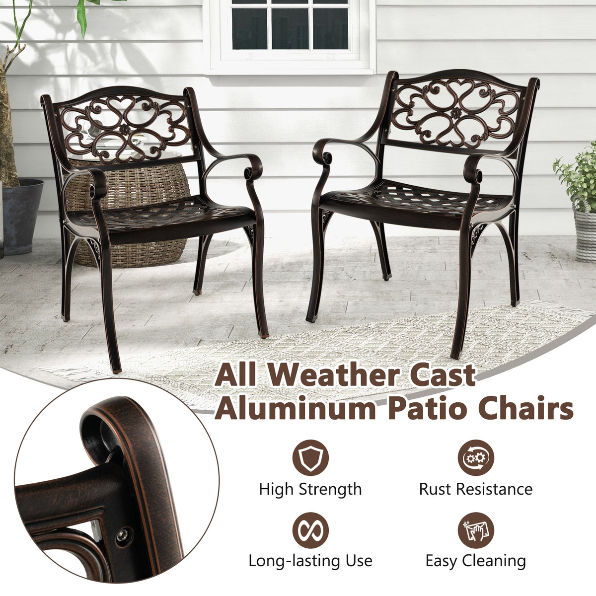 Cast Aluminum Patio Dining Chairs Set of 2 with Armrests