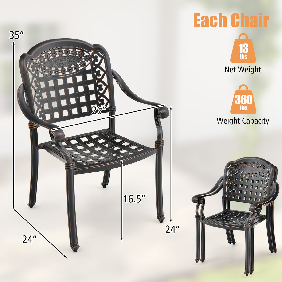 Cast Aluminum Patio Dining Chairs with Armrests, Set of 2