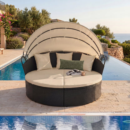 Round Patio Daybed with Retractable Canopy and Cushions