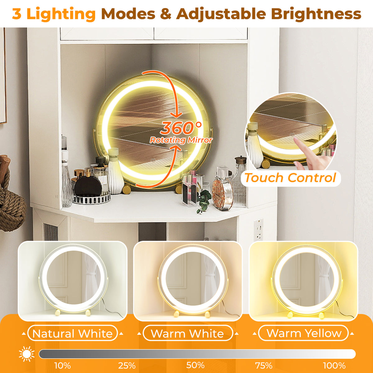 Corner Vanity Desk with Lighted Mirror and Storage