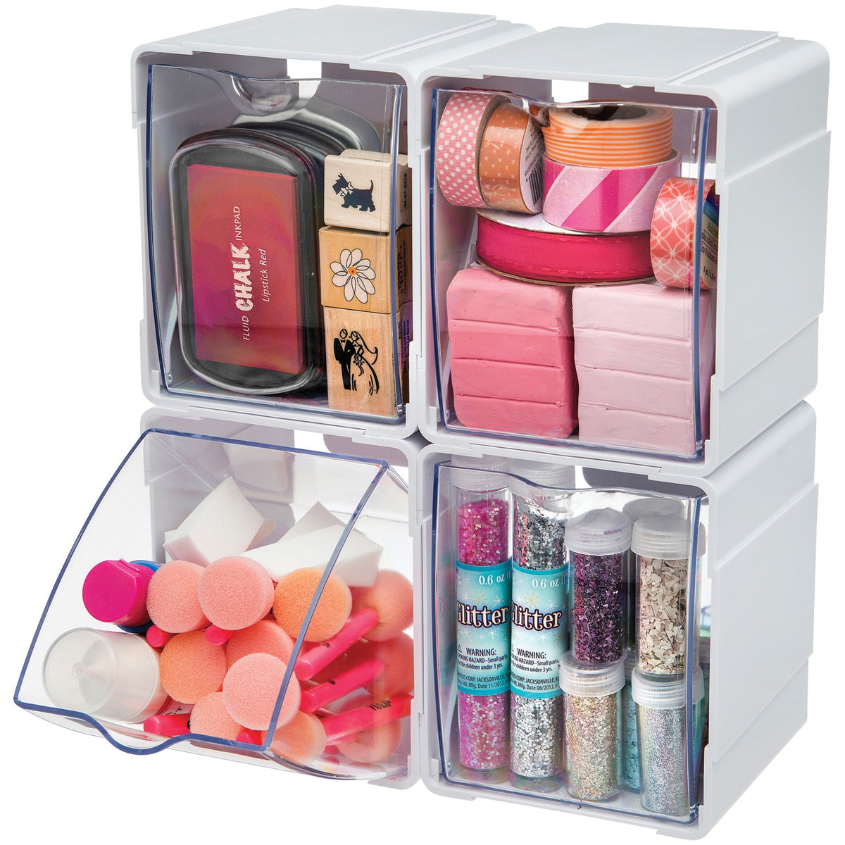 Deflecto Tilt Bin Interlocking Storage Organizer, Clear Stackable Bins, 4-Pack - view 2