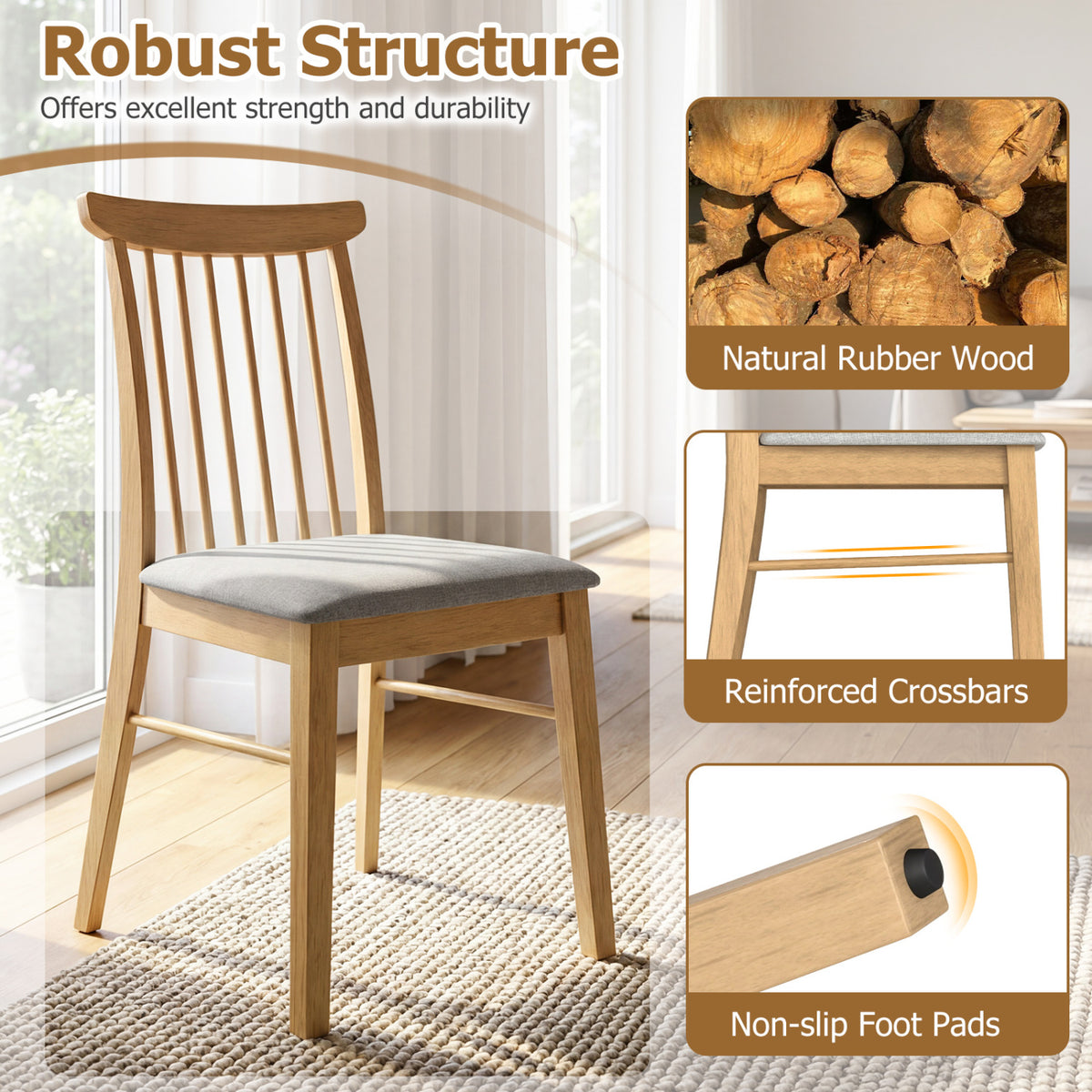 Dining Chairs Set of 4 with Rubber Wood Frame