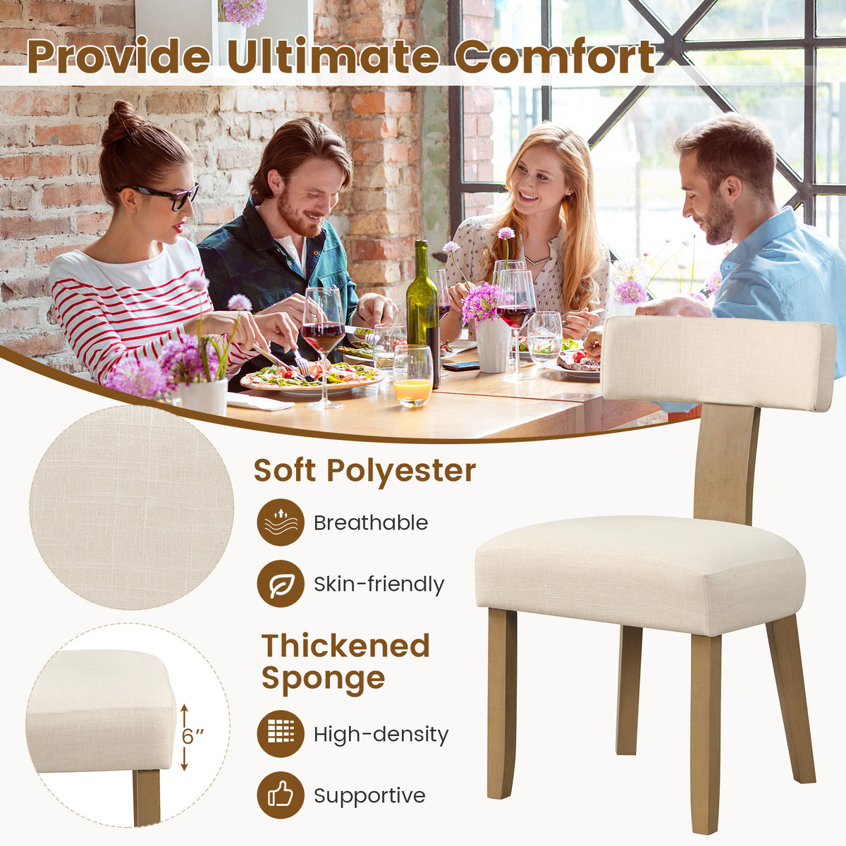 Dining Chairs Set of 2 with Curved Backrest and Padded Seat