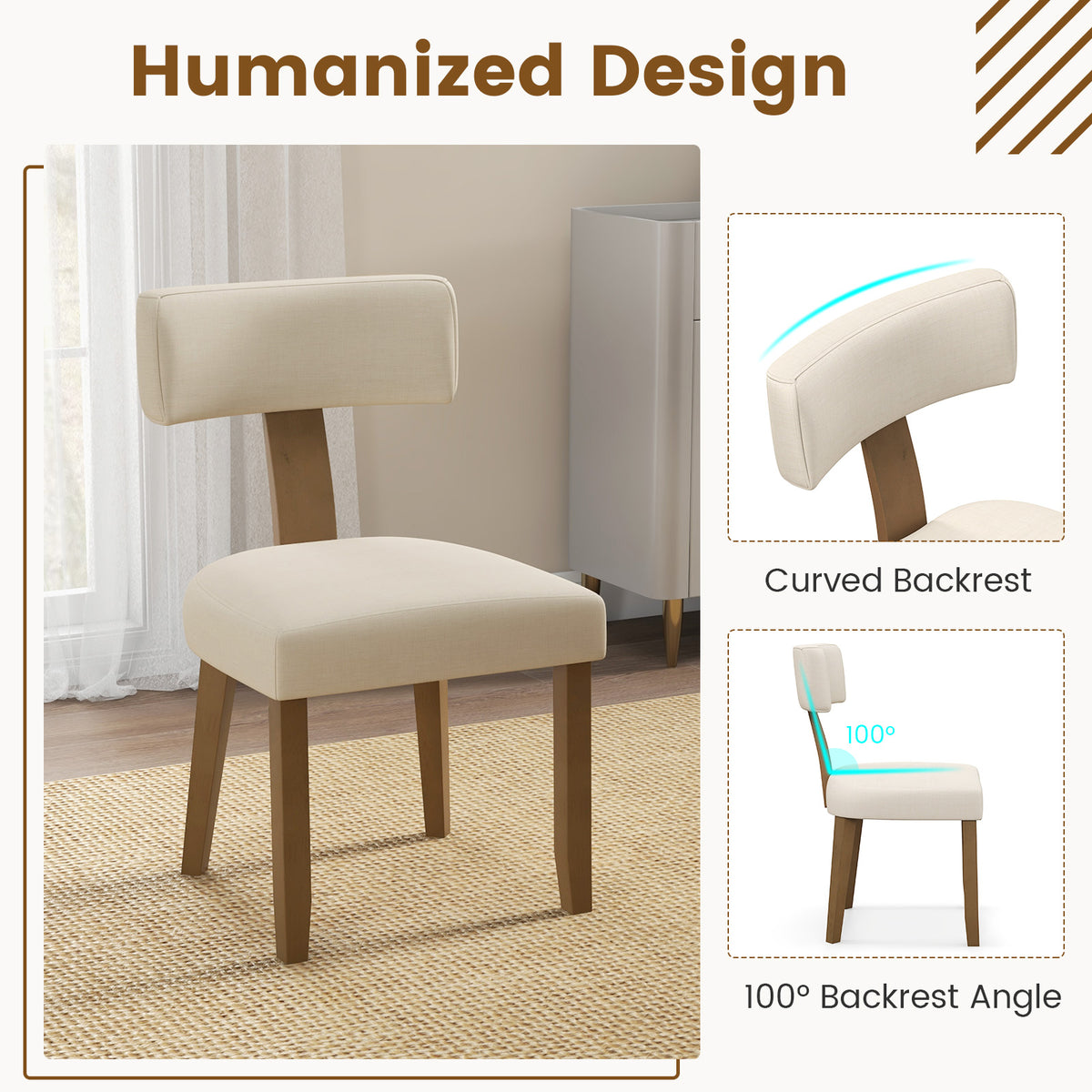 Dining Chairs Set of 2 with Curved Backrest and Padded Seat