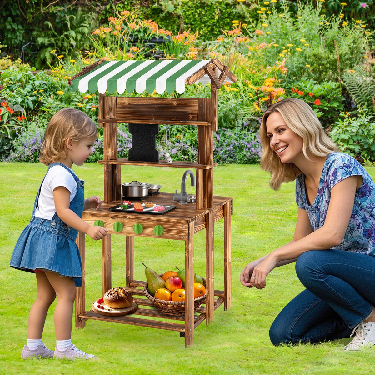 Double-Sided Mud Kitchen with Canopy and Chalkboard for 3+ Years Old-Natural