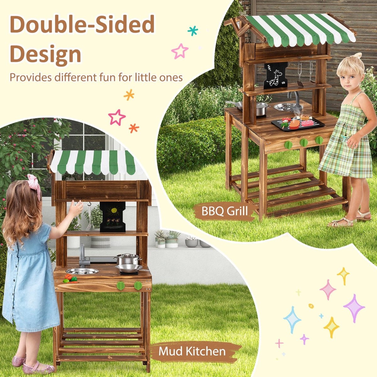 Double-Sided Mud Kitchen with Canopy and Chalkboard for 3+ Years Old-Natural