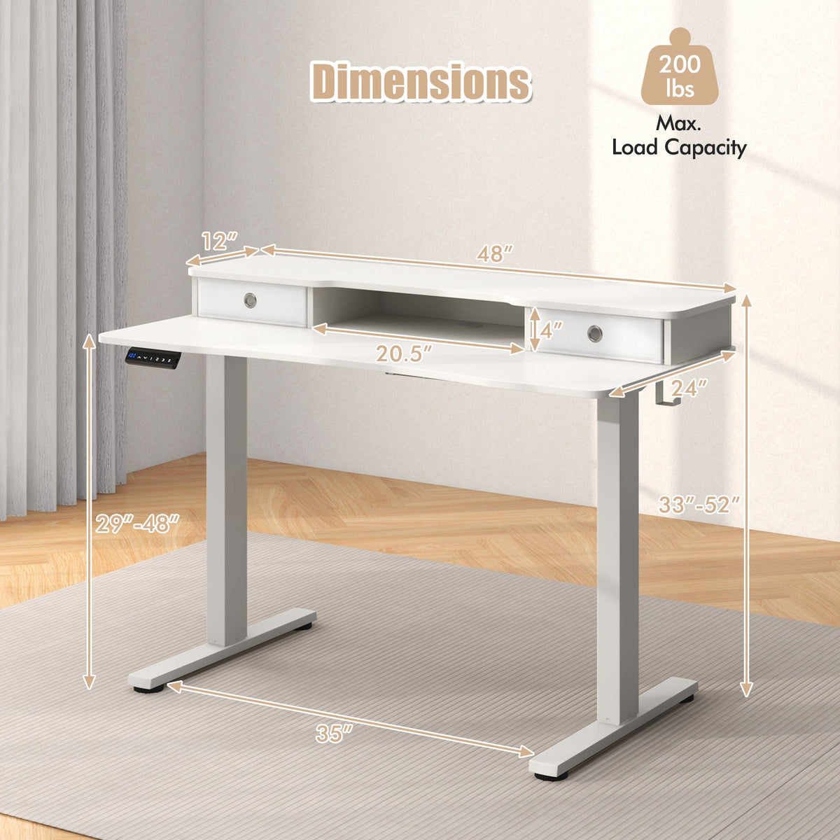 48 Inch x 24 Inch Height Adjustable Electric Standing Desk with 2 Drawers