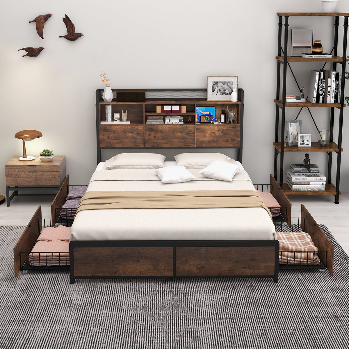 Full/Queen Size Bed Frame with Bookcase Headboard and 4 Storage Drawers