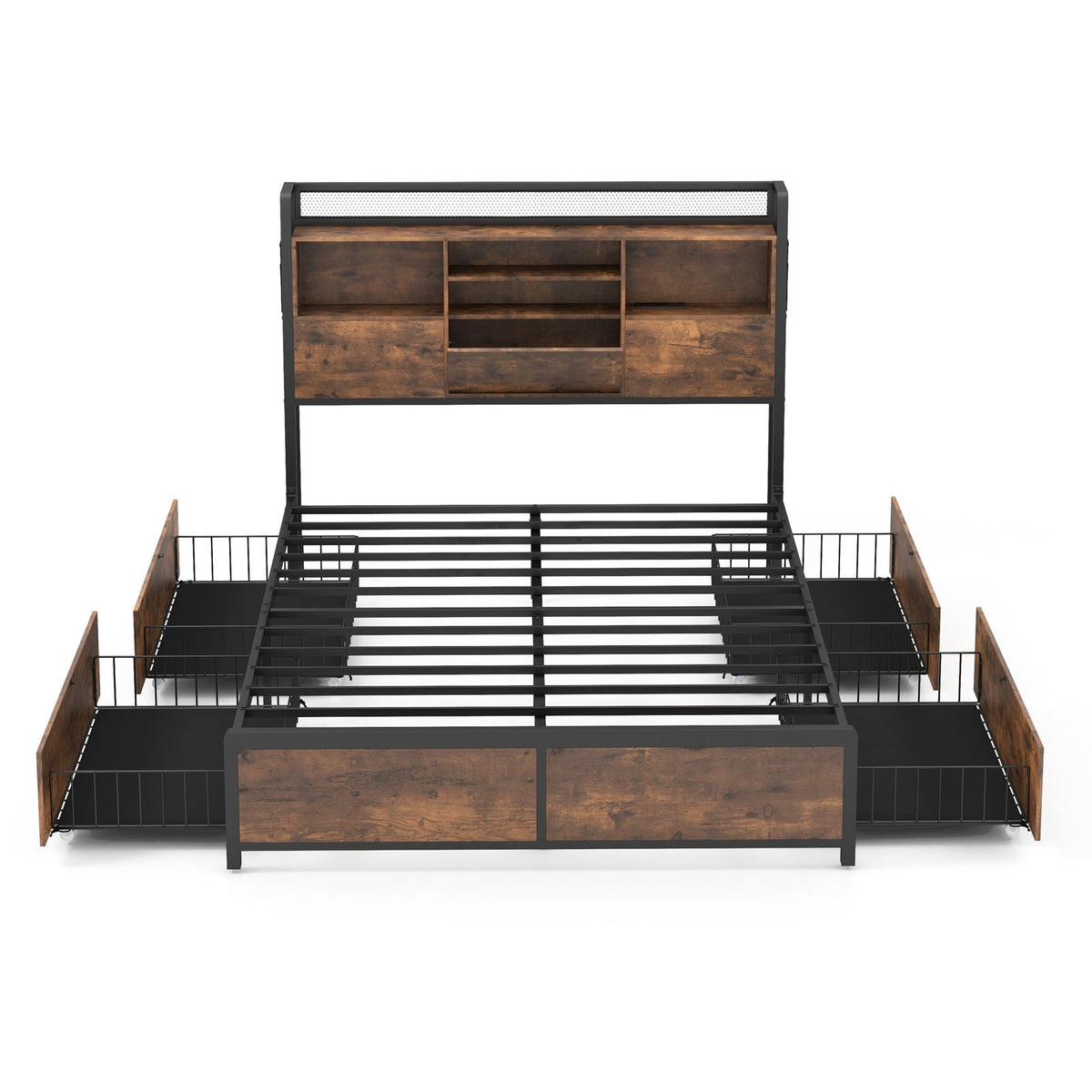 Full/Queen Size Bed Frame with Bookcase Headboard and 4 Storage Drawers