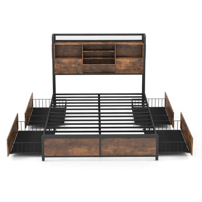 Full/Queen Size Bed Frame with Bookcase Headboard and 4 Storage Drawers