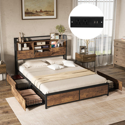 Full/Queen Size Bed Frame with Bookcase Headboard and 4 Storage Drawers