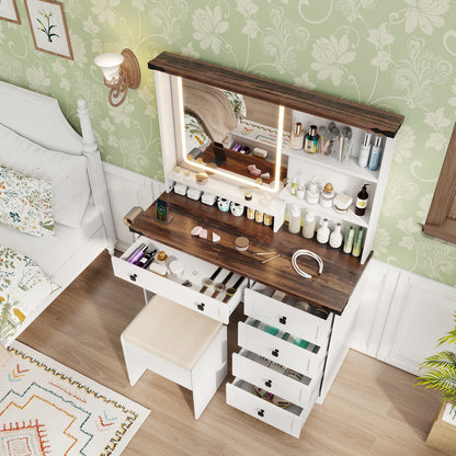 Farmhouse Vanity Set with Lighted Mirror and Storage