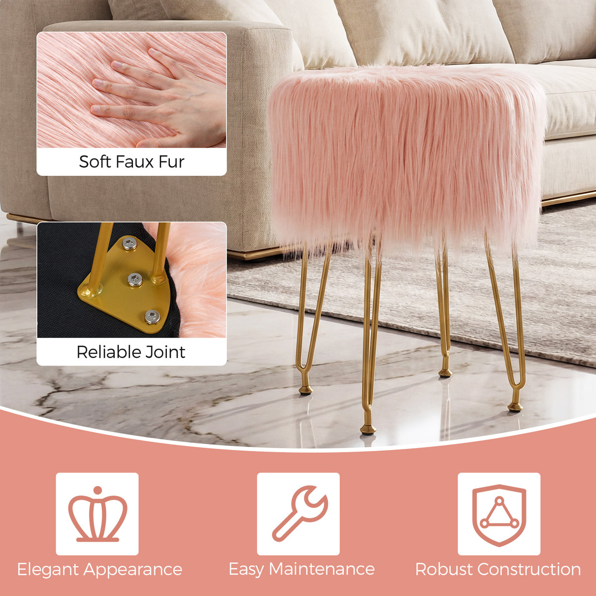 Faux Fur Vanity Stool with Metal Legs - 19.5" Height