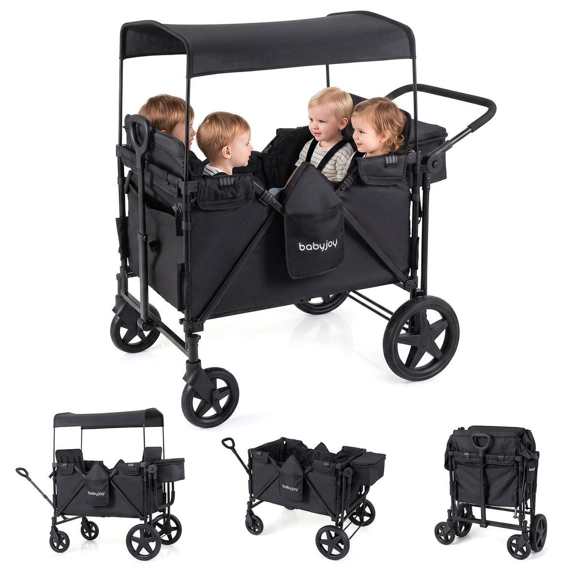 Foldable 4-Seater Push-Pull Wagon Stroller with Adjustable Canopy and Handles