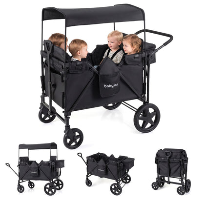 Foldable 4-Seater Push-Pull Wagon Stroller with Adjustable Canopy and Handles
