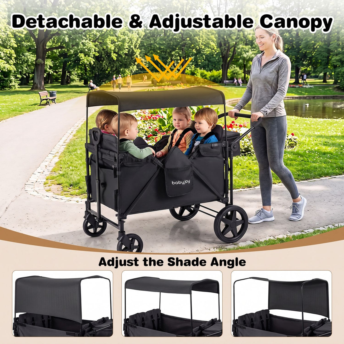 Foldable 4-Seater Push-Pull Wagon Stroller with Adjustable Canopy and Handles
